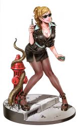 Rule 34 | 1girl, absurdres, agent g, belt, black bra, blush, bra, breasts, brown hair, brown pantyhose, cleavage, collared shirt, crack, eyelashes, faux figurine, feet, fingernails, fire hydrant, formal, full body, grate, hair over shoulder, high heels, highres, holding, imminent rape, jacket, kneepits, knees together feet apart, lace, lace-trimmed bra, lace trim, large breasts, leaning forward, legs, lingerie, lips, lipstick, long fingernails, makeup, men in black, men in black 3, miniskirt, nail polish, neuralyzer, office lady, open shoes, outdoors, pantyhose, pencil skirt, ponytail, road, sewer grate, shadow, shirt, shoes, side slit, sidewalk, simple background, skirt, skirt suit, sleeves rolled up, smile, street, suit, swept bangs, tentacles, time jump device, toeless footwear, toes, underwear, wavy hair, white background, wing collar, yamashita shun&#039;ya