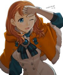 Rule 34 | 1girl, annette fantine dominic, artist name, bad id, bad twitter id, blue eyes, capelet, dated, dress, fire emblem, fire emblem: three houses, fur trim, gloves, mizugame fe, nintendo, one eye closed, open mouth, orange hair, simple background, solo, upper body, white background, white gloves