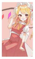 Rule 34 | 1girl, aporro622, back bow, blonde hair, border, bow, bowtie, cowboy shot, fang, flandre scarlet, hat, highres, large bow, long pointy ears, looking at viewer, mob cap, multicolored wings, open mouth, pink background, pointy ears, puffy short sleeves, puffy sleeves, red eyes, red skirt, red vest, shirt, short sleeves, simple background, skirt, skirt set, solo, touhou, vest, white border, white bow, white hat, white shirt, wings, yellow bow, yellow bowtie