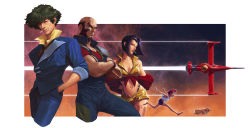 Rule 34 | 2boys, 2girls, arms behind back, bald, bare shoulders, beard, bike shorts, black eyes, black neckwear, blue jacket, blue pants, breasts, chasing, cleavage, collarbone, collared shirt, cowboy bebop, crop top, crossed arms, dave rapoza, dog, dress shirt, edward wong hau pepelu tivrusky iv, ein (cowboy bebop), facial hair, facing to the side, facing viewer, faye valentine, green hair, hair behind ear, hands in pocket, head tilt, headband, highres, jacket, jet black, jumpsuit, large breasts, light smile, looking at viewer, looking away, looking to the side, medium hair, midriff, multiple boys, multiple girls, navel, necktie, off shoulder, open clothes, open jacket, orange hair, pants, purple hair, red jacket, red lips, red shirt, running, scar, scar on face, shirt, short hair, short shorts, short sleeves, shorts, shoulder pads, sky, sleeveless, sleeves rolled up, smoking, spacecraft, spike spiegel, star (sky), starry sky, suspender shorts, suspenders, swordfish ii, thighhighs, unzipped, welsh corgi, white shirt, yellow headband, yellow shirt, yellow shorts, zipper