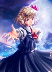 Rule 34 | 1girl, ascot, blonde hair, blush, five-seven (0verlimits), full moon, hand on own chest, moon, open mouth, outstretched arm, outstretched hand, red eyes, ribbon, rumia, short hair, skirt, skirt set, smile, solo, touhou