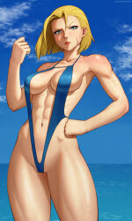 Rule 34 | 1girl, abs, absurdres, beach, biceps, blonde hair, blue eyes, blue one-piece swimsuit, blue sky, bob cut, breasts, cameltoe, cammy white, clenched hands, collarbone, day, facial scar, hand on own hip, highres, looking at viewer, mangho, medium breasts, navel, ocean, one-piece swimsuit, paid reward available, scar, scar on cheek, scar on face, short hair, sky, slingshot swimsuit, solo, street fighter, street fighter 6, swimsuit, thick thighs, thighs, toned