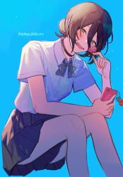 Rule 34 | 1girl, black skirt, blue background, blush, cellphone, cellphone charm, chainsaw man, charm (object), choker, collared shirt, flower, green eyes, hair between eyes, hair tied, hair tied back, highres, legs, long hair, mamaladecat, open mouth, phone, pink flower, purple hair, reze (chainsaw man), ribbon, shirt, short sleeves, skirt, smile, solo, teeth, tongue, watermark, white shirt