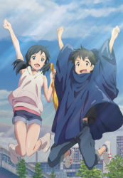 Rule 34 | 1boy, 1girl, :d, amano hina (tenki no ko), arm up, arms up, bag, belt, black hair, black shirt, blue eyes, blue sky, brown eyes, building, clenched hand, clenched hands, cloud, cloudy sky, day, denim, eyebrows, flower, garden, grass, highres, holding, holding umbrella, jeans, jumping, knees together feet apart, legs, light rays, morishima hodaka, official art, open mouth, outdoors, pants, pink shirt, poncho, rain, raincoat, shinkai makoto, shirt, shoes, short-sleeved sweater, short sleeves, shorts, shoulder bag, shrine, sitting, sky, skyscraper, smile, standing, sunbeam, sunlight, sweater, tanaka masayoshi, tenki no ko, tokyo (city), tree, twintails, umbrella, yellow umbrella