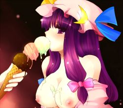 Rule 34 | 1girl, bad id, bad pixiv id, bare shoulders, bow, breasts, eating, feeding, female focus, food, hanada hyou, hat, ice cream, large breasts, long hair, nipples, open clothes, patchouli knowledge, pink bow, purple eyes, purple hair, sexually suggestive, solo focus, touhou