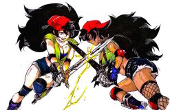 2girls battle black_hair dark-skinned_female dark_skin evil_smile long_hair midriff multiple_girls smile sword tina_otto twistedterra villainess weapon