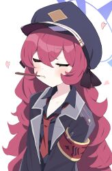 Rule 34 | 1girl, absurdres, armband, black coat, black hat, black shirt, blue archive, closed eyes, coat, collared shirt, food, halo, hat, heart, highres, iroha (blue archive), long hair, long sleeves, mouth hold, necktie, peaked cap, pocky, purple halo, red armband, red hair, red necktie, safety pin, shiroron mochi, shirt, simple background, solo, upper body, white background