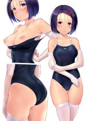 Rule 34 | 1girl, arms behind back, ass, bare shoulders, black swimsuit, blush, breasts, elbow gloves, gloves, gluteal fold, hair ornament, hairclip, highres, looking at viewer, medium breasts, multiple views, navel, nipples, one-piece swimsuit, parted lips, purple eyes, purple hair, sairenji haruna, shiny, shiny hair, short hair, simple background, standing, swimsuit, thigh gap, thighhighs, thighs, to love-ru, wa (genryusui), white gloves, white legwear