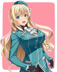 Rule 34 | 1girl, atago (kancolle), beret, black gloves, black pantyhose, blonde hair, blue hat, breasts, gloves, green eyes, hammerman benkei, hat, jacket, kantai collection, large breasts, long hair, looking at viewer, military, military uniform, open mouth, pantyhose, pink background, skirt, smile, solo, uniform