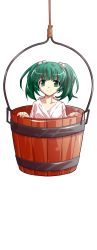 Rule 34 | 1girl, alphes (style), bucket, collarbone, dairi, green eyes, green hair, hair bobbles, hair ornament, hanging, highres, in bucket, in container, japanese clothes, kimono, kisume, looking at viewer, matching hair/eyes, parody, smile, solo, style parody, touhou, transparent background, twintails, yukata