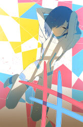 Rule 34 | 1girl, aeror, armpits, arms behind head, arms up, asymmetrical bangs, blue background, blue bodysuit, blue hair, bob cut, bodysuit, breasts, brown background, closed mouth, commentary, darling in the franxx, dutch angle, full body, geometric pattern, gradient background, green eyes, hair ornament, hair over one eye, hairclip, highres, hood, hood down, ichigo (darling in the franxx), kneeling, light particles, light smile, looking at viewer, multicolored background, pilot suit, red background, shadow, short hair, skin tight, small breasts, smile, solo, thigh gap, white background, white bodysuit