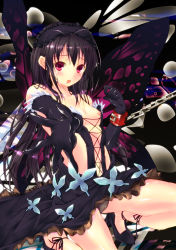 Rule 34 | 10s, 1girl, accel world, black gloves, black hair, blush, bracelet, breasts, bug, butterfly, butterfly wings, chain, cuffs, dress, elbow gloves, foreshortening, gloves, hairband, high heels, highres, insect, insect wings, jewelry, kuroyukihime, long hair, nipples, open mouth, outstretched arm, outstretched hand, panties, purple eyes, shackles, shoes, small breasts, solo, underwear, wings, yagami shuuichi