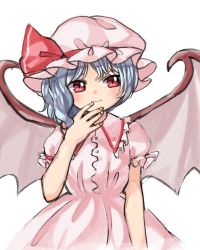 Rule 34 | 1girl, bad id, bad twitter id, blue hair, blush, closed mouth, commentary request, dress, fingernails, hand up, hat, highres, mob cap, pink dress, pink hat, puffy short sleeves, puffy sleeves, red eyes, remilia scarlet, sasa kichi, short hair, short sleeves, simple background, smile, solo, touhou, upper body, white background, wings