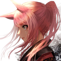 Rule 34 | 1girl, animal ears, bad id, bad pixiv id, crying, floating hair, fox ears, from side, green eyes, hair over shoulder, highres, kisui (28992125), lipstick, long hair, makeup, original, parted lips, pink hair, ponytail, portrait, red lips, solo, tears, white background