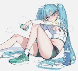 Rule 34 | 1girl, :o, alternate costume, aqua footwear, aqua hair, aqua nails, blush, breasts, crop top, dolphin shorts, goodsmile racing, hair intakes, hair ornament, hatsune miku, juice box, knee up, long hair, looking at viewer, myoon da4, narrowed eyes, navel, racing miku, shoes, shorts, sitting, sketch, small breasts, sneakers, solo, sweat, thick thighs, thighs, twintails, v-shaped eyebrows, very long hair, very sweaty, vocaloid, workout clothes, x hair ornament