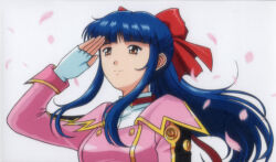 1girl blue_hair bow breasts brown_eyes fingerless_gloves gloves hair_ribbon half-closed_eyes medium_breasts military_uniform ponytail red_bow ribbon sakura_taisen salute sega shinguuji_sakura smile solo thighs