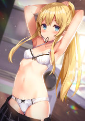 1girl, arched back, armpits, arms behind head, arms up, bare arms, bare shoulders, black skirt, blonde hair, blue eyes, blurry, bra, breasts, collarbone, cowboy shot, crotch seam, depth of field, hair tie in mouth, highres, long hair, looking at viewer, mouth hold, navel, open clothes, open skirt, original, panties, ponytail, skirt, small breasts, solo, standing, stomach, tying hair, underwear, white bra, white panties, yuuki yuu