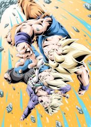 Rule 34 | 3boys, action, blonde hair, clenched teeth, dougi, dragon ball, dragonball z, gloves, green eyes, highres, male focus, multiple boys, muscular, open mouth, rock, short hair, shouting, son goku, spiked hair, super saiyan, super saiyan 1, teeth, trunks (dragon ball), trunks (future) (dragon ball), upside-down, vegeta, wristband, young jijii
