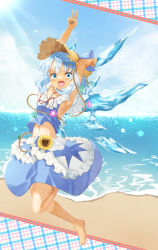 Rule 34 | 1girl, arm up, armpits, barefoot, beach, blue bow, blue eyes, blue hair, blue nails, blue sky, blush, bow, breasts, cirno, commentary request, dark-skinned female, dark skin, dress, flower, frilled dress, frills, hair bow, hat, highres, ice, ice wings, midriff, nail polish, navel, ocean, open mouth, red neckwear, red ribbon, ribbon, sefushi, sky, small breasts, solo, straw hat, sunflower, tanned cirno, touhou, v, v-shaped eyebrows, wings