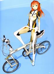 Rule 34 | 1girl, bicycle, bodysuit, green eyes, hakua ugetsu, helmet, highres, leg lift, long hair, looking at viewer, orange hair, original, parted lips, scan, solo, zipper
