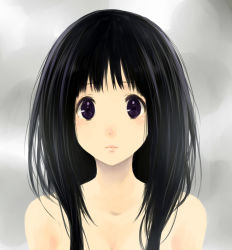 Rule 34 | 10s, 1girl, bare shoulders, black hair, chitanda eru, hyouka, long hair, looking at viewer, official style, purple eyes, rito453, solo