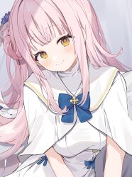 Rule 34 | 1girl, blue archive, blush, dress, highres, image sample, inuyayo, looking at viewer, mika (blue archive), pink hair, school uniform, smile, solo, twitter sample, white dress, yellow eyes
