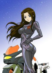 Rule 34 | 00s, 1girl, arcee, ass, autobot, bad anatomy, black bodysuit, black suit, blue eyes, bodysuit, breasts, brown hair, car, cleavage, covered erect nipples, female focus, formal, from behind, gloves, hands on own hips, highres, large breasts, latex, leather, legs, long hair, looking back, midriff, misha miramond, motor vehicle, motorcycle, navel, night, race queen, racing suit, skin tight, sky, smile, solo, spandex, star (symbol), suit, transformers, transformers energon, vehicle, wind