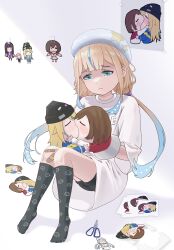 Rule 34 | 1girl, absurdres, beret, black socks, blonde hair, blue eyes, blue hair, brown hair, character doll, closed eyes, commentary, english commentary, frown, furrowed brow, half-closed eyes, hand puppet, hat, highres, jelee-chan, kiss, knees to chest, kouzuki mahiru, long hair, looking down, meme, multicolored hair, muppet mouth characters making out (meme), ngoc, no shoes, oversized clothes, puppet, sad, scissors, shirt, short sleeves, sidelocks, sitting, socks, solo, streaked hair, white shirt, yamanouchi kano, yoru no kurage wa oyogenai