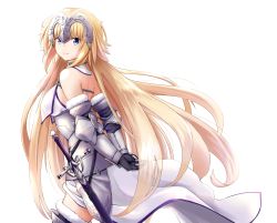 Rule 34 | 1girl, armor, armored dress, blonde hair, chain, fate/apocrypha, fate/grand order, fate (series), headpiece, jeanne d&#039;arc (fate), jeanne d&#039;arc (ruler) (fate), jeanne d&#039;arc (third ascension) (fate), long hair, looking at viewer, looking back, panikuru yuuto, simple background, smile, solo, sword, very long hair, weapon, white background