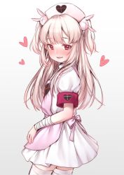 Rule 34 | 1girl, absurdres, apron, armband, bandaged arm, bandages, blonde hair, blush, dress, fang, hair ornament, hat, heart, highres, long hair, looking at viewer, natori sana, nose blush, nurse, nurse cap, parted lips, pink apron, pink hat, puffy short sleeves, puffy sleeves, rabbit hair ornament, red eyes, sana channel, short sleeves, standing, sunege (hp0715), thighhighs, two side up, virtual youtuber, white background, white dress, white thighhighs