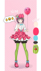 Rule 34 | 1girl, absurdres, anglediana, blue bow, blue bowtie, bow, bowtie, brown hair, character name, closed eyes, closed mouth, color guide, commentary request, footwear bow, full body, girls band cry, green pantyhose, hairband, highres, iseri nina, koe naki sakana, low twintails, pantyhose, pink bow, pink footwear, pink hairband, pink skirt, pinky out, polka dot, polka dot bow, shirt, short hair, short twintails, skirt, solo, striped clothes, striped pantyhose, teardrop facial mark, twintails, white shirt