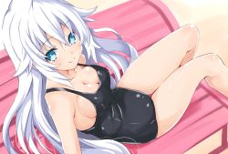 Rule 34 | absurdres, bare shoulders, black heart (neptunia), black one-piece swimsuit, blue eyes, breasts, cleavage, highres, iwashi dorobou -r-, long hair, medium breasts, neptune (series), noire (neptunia), one-piece swimsuit, solo, swimsuit, symbol-shaped pupils, very long hair, wet, white hair