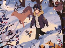 Rule 34 | 1boy, arisa (aren), bird, black hair, black pants, branch, closed mouth, coat, commentary request, deer, ferret, fox, from above, full body, fur-trimmed hood, fur trim, hat, highres, hood, hood down, leaf, long sleeves, looking at viewer, mittens, original, outdoors, pants, purple coat, purple hat, short hair, smile, snow, solo, squirrel, sweater, tree, walking, white sweater, winter, winter clothes