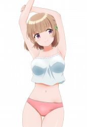 Rule 34 | 1girl, arms up, brown hair, camisole, closed mouth, clover hair ornament, commentary, crop top, hair ornament, hand on own arm, komatsu (sakanae), lace, lace-trimmed panties, lace trim, light blush, looking to the side, midriff, navel, osananajimi ga zettai ni makenai lovecome, panties, purple eyes, red panties, shida kuroha, short hair, simple background, smile, solo, standing, thigh gap, underwear, underwear only, white background, white camisole