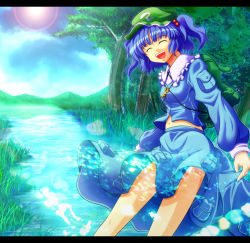 Rule 34 | 1girl, :d, ^ ^, closed eyes, closed eyes, female focus, hair bobbles, hair ornament, kawashiro nitori, lens flare, letterboxed, nature, navel, open mouth, qontamblue, skirt hold, smile, solo, touhou, tree, two side up, water