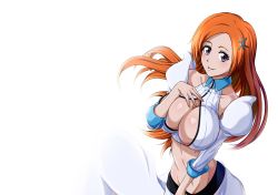 Rule 34 | 1girl, bleach, bleach: sennen kessen-hen, breasts, cleavage, cleavage cutout, clothing cutout, female focus, highres, inoue orihime, large breasts, long hair, looking at viewer, midriff, orange hair, purple eyes, revealing clothes, smile, solo, tagme