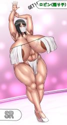Rule 34 | 1girl, abs, absurdres, armpits, arms up, black hair, breasts, covering nipples, covering privates, face mask, female focus, gigantic breasts, hands up, heels, high heels, highres, japanese text, kanji, large areolae, loincloth, mask, navel, nico robin, one piece, sweat, text focus, thick thighs, thighs, veins, veiny breasts, white footwear, yosin