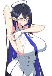 Rule 34 | 1girl, armpits, blue archive, blue eyes, blush, breasts, collarbone, glasses, gloves, highres, large breasts, long hair, looking at viewer, ootori subaru, pointy ears, rin (blue archive), simple background, solo, spread armpit, very long hair, white gloves