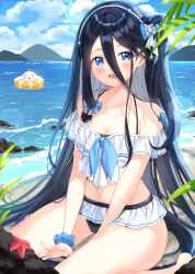 Rule 34 | 1girl, :d, absurdres, aris (blue archive), beach, between legs, bikini, bikini skirt, black hair, blue archive, blue bow, blue eyes, blue ribbon, blush, bow, breasts, cleavage, commentary request, day, frilled bikini, frills, hair bow, hairband, halo, hand between legs, happy, highres, long hair, looking at viewer, midriff, navel, ocean, on ground, open mouth, outdoors, ribbon, sayan, side ponytail, sitting, small breasts, smile, solo, swimsuit, teeth, thighs, upper teeth only, very long hair