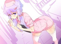 Rule 34 | 1girl, bent over, clipboard, digital thermometer, hair ornament, hairclip, hat, holding, holding clipboard, holding thermometer, low twintails, nurse, nurse cap, petenshi (dr. vermilion), purple eyes, purple hair, short hair with long locks, short sleeves, solo, thermometer, thighhighs, twintails, vocaloid, voiceroid, white thighhighs, yuzuki yukari