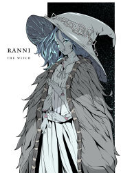 Rule 34 | 1girl, blue eyes, blue hair, character name, cloak, colored skin, dress, elden ring, extra arms, floozybear, fur cloak, grey hat, grey skin, hat, highres, long dress, long hair, looking at viewer, one eye closed, parted lips, ranni the witch, solo, white dress, witch hat