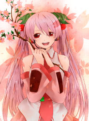 Rule 34 | 1girl, alternate color, alternate hair color, bad id, bad pixiv id, chaos966, cherry, cherry blossoms, detached sleeves, food, fruit, hatsune miku, headphones, highres, kanna (chaos966), long hair, name connection, necktie, object namesake, petals, pink hair, red eyes, sakura miku, smile, solo, twintails, very long hair, vocaloid