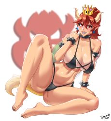 Rule 34 | 1girl, armlet, bare legs, bare shoulders, barefoot, bikini, black bikini, blush, bowsette, bracelet, breasts, collar, collarbone, dracksart, earrings, feet, full body, grin, hair between eyes, highres, horns, jewelry, large breasts, long hair, looking at viewer, mario (series), matching hair/eyes, monster girl, nail polish, new super mario bros. u deluxe, nintendo, pointy ears, ponytail, red eyes, red hair, sharp teeth, shell, smile, solo, spiked armlet, spiked bracelet, spiked collar, spikes, spread legs, super crown, swimsuit, tail, teeth, toenail polish, toenails, toes, white background