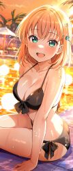 1girl aqua_eyes ass bikini black_bikini blush breasts cleavage commentary_request hair_between_eyes hair_intakes hair_ornament highres hinoshita_kaho large_breasts link!_like!_love_live! looking_at_viewer love_live! open_mouth orange_hair orange_sky pool shiitake_taishi short_hair sitting sky smile solo swimsuit thighs tile_floor tiles water_drop wet