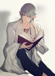 Rule 34 | 1boy, alternate costume, blue eyes, book, bright pupils, casual, closed mouth, copyright name, drawstring, earrings, elezen, elf, final fantasy, final fantasy xiv, garam (rkfka), grey hair, hair between eyes, haurchefant greystone, highres, jewelry, korean commentary, long sleeves, male focus, pointy ears, reading, shirt, short hair, simple background, sitting, smile, solo, white pupils, white shirt