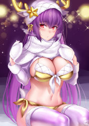 Rule 34 | 1girl, :o, antlers, bikini, blush, breasts, breath, cleavage, fake antlers, fate/grand order, fate (series), fur trim, gold bikini, hat, horns, large breasts, long sleeves, looking at viewer, mittens, navel, okitakung, purple hair, red eyes, scathach (fate), scathach skadi (fate), shawl, sitting, solo, swimsuit, thighhighs