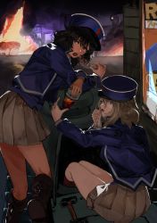 Rule 34 | 2girls, andou (girls und panzer), bc freedom (emblem), bc freedom military uniform, black footwear, black hair, blonde hair, blue eyes, blue headwear, blue jacket, blue vest, boots, brown eyes, commentary request, cup, dark-skinned female, dark skin, disposable cup, dress shirt, eating, emblem, fire, food, from behind, ft-17, girls und panzer, handkerchief, hat, high collar, highres, holding, holding cup, holding food, holding handkerchief, itou (golem inc), jacket, kebab, kepi, knee boots, long sleeves, looking at viewer, looking back, medium hair, messy hair, military, military hat, military uniform, military vehicle, miniskirt, motor vehicle, multiple girls, night, on vehicle, oshida (girls und panzer), outdoors, pleated skirt, shirt, sitting, skirt, standing, tank, uniform, vehicle request, vest, white shirt, white skirt, wiping mouth