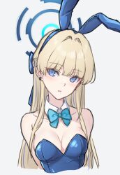 Rule 34 | 1girl, animal ears, bare shoulders, blonde hair, blue archive, blue bow, blue bowtie, blue halo, bow, bowtie, breasts, cleavage, commentary, dan (kumadan), detached collar, fake animal ears, grey background, halo, highres, leotard, long hair, looking at viewer, medium breasts, playboy bunny, rabbit ears, simple background, solo, toki (blue archive), toki (bunny) (blue archive), upper body