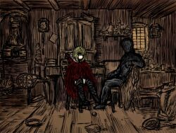 Rule 34 | 1boy, 1girl, black footwear, black souls, black thighhighs, blonde hair, blue eyes, book, bookshelf, boots, bottle, cabinet, candle, cape, carpet, chair, cloak, clock, couch, cup, curtains, dark, desk, door, expressionless, faceless, faceless male, full body, globe, grimm (black souls), hands on lap, unworn headwear, indoors, jaggy lines, lamp, long sleeves, medium hair, plant, potted plant, red cloak, red dead hood, red hood (black souls), rug, shelf, sitting, sketch, solo, spot color, stool, sushi yuusha toro, table, thigh boots, thighhighs, vase, wheel, window, wooden floor, wooden wall