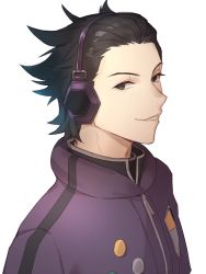 Rule 34 | 1boy, berry o t, black eyes, black hair, black jacket, hair slicked back, headphones, jacket, looking at viewer, male focus, parted lips, simple background, smile, solo, upper body, white background, world trigger, yoneya yousuke
